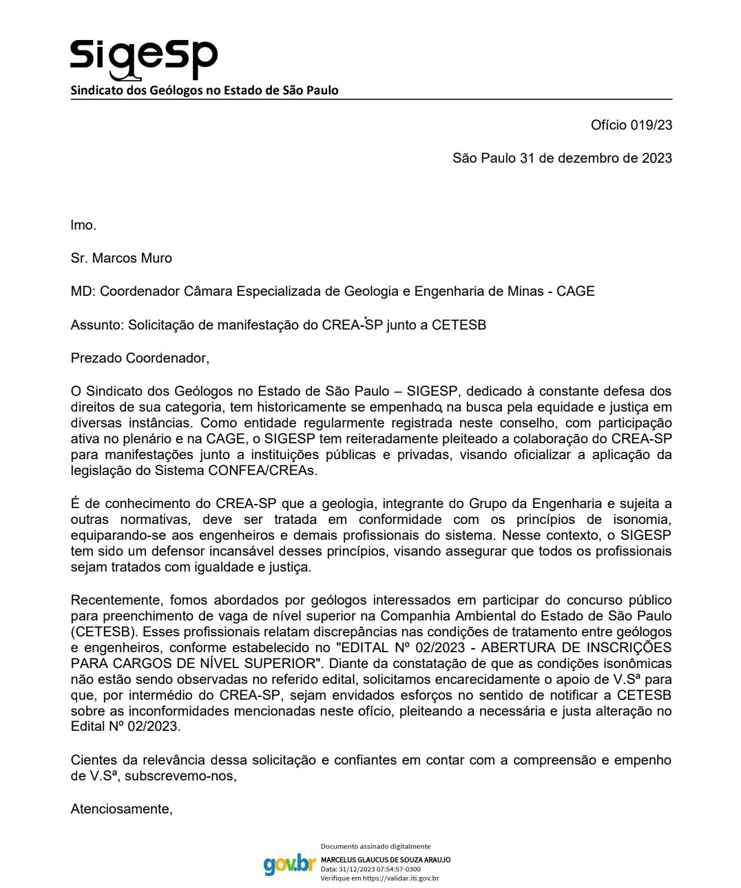 Ofício SIGESP 019/23 - Solicitação de manifestação do CREA-SP junto à CETESB